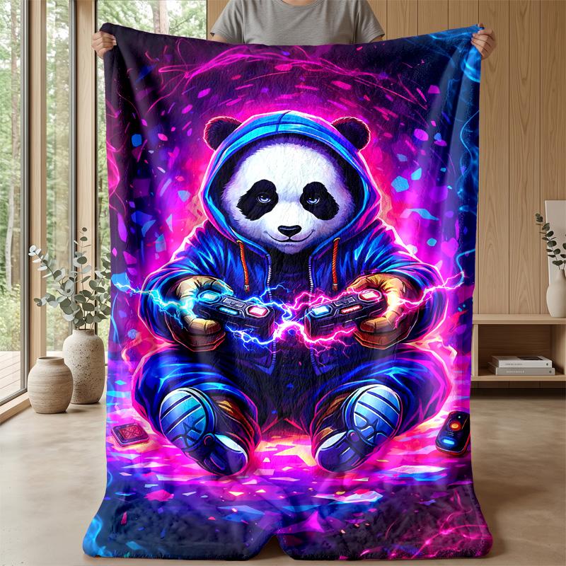 Neon Panda Gamer Theme blanket Lightweight Warm Flannel Blanket Decorative Throw Blanket for Home Decoration