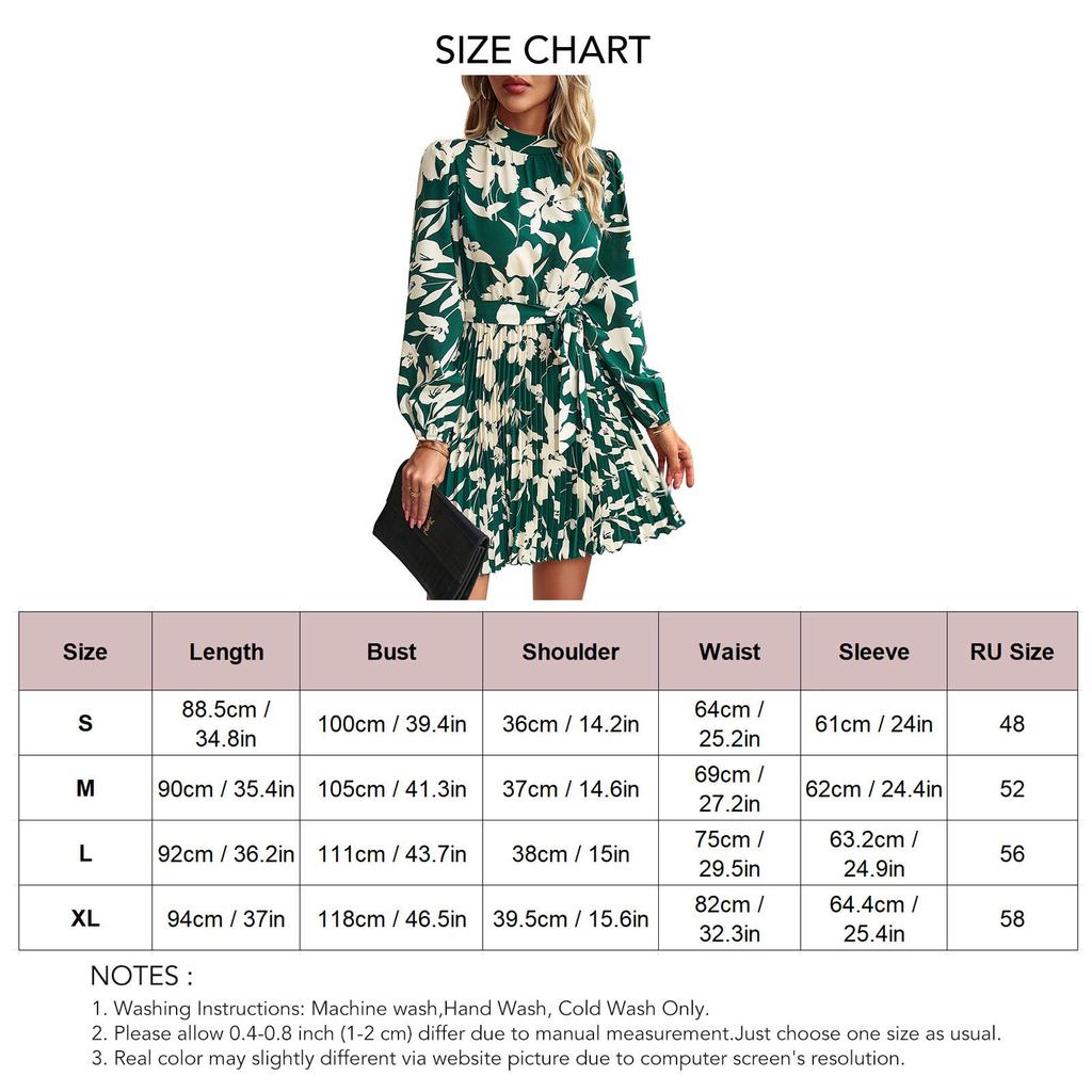 Women Printed Dress with Waistband Long Sleeves Half High Collar Dress Pleated Hem Short Dress