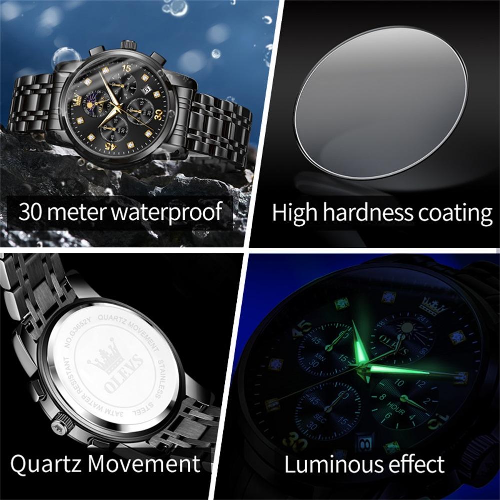 OLEVS 3652 Quartz Watches for Man Steel Strap Multi-functional Waterproof Luminous Chronograph Moon Phase Men's Wrist Watches