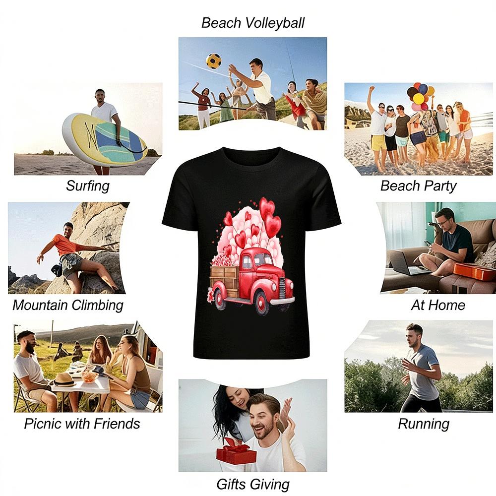 Valentine's Day Retro Red Heart Truck Print Casual Top Pure cotton T-shirt