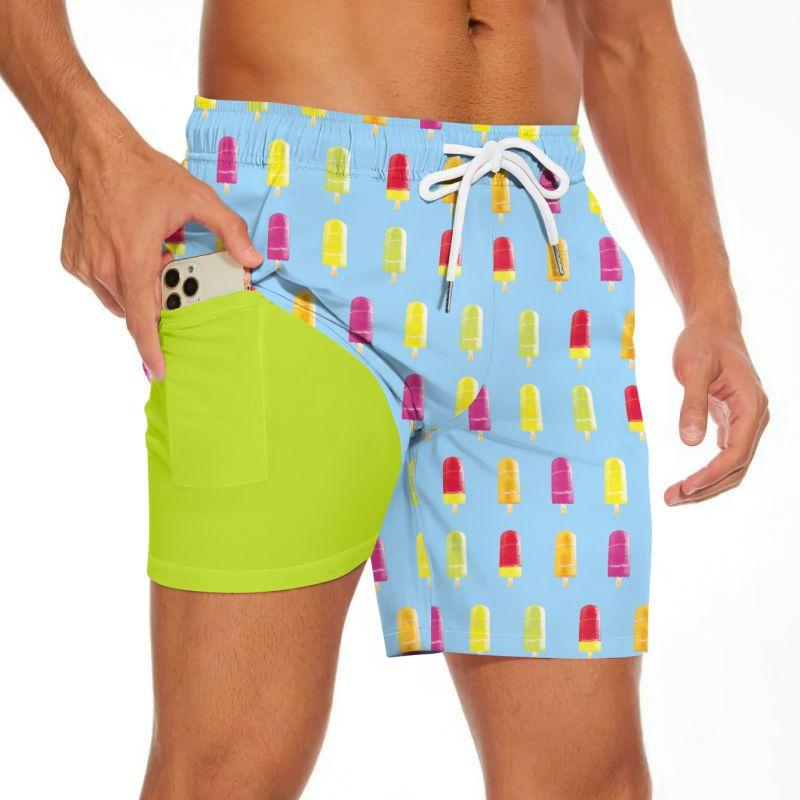 Men's Summer Double-layered Shorts Drawstring Swim Trunks Beach Printed Swim Pants with Pocket