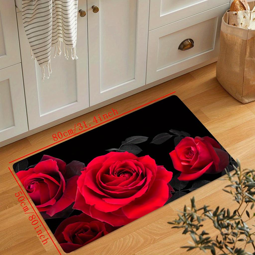 Красивый напольный коврик для кухни с красной розой — нескользящий, маслостойкий, водонепроницаемый, можно стирать в машине и водопоглощающий