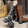 Модные сапоги до колена с пряжкой на толстой подошве для женщин, осенние модные женские сапоги на толстом каблуке, рыцарские сапоги в стиле пэчворк на платформе, Botas Mujer