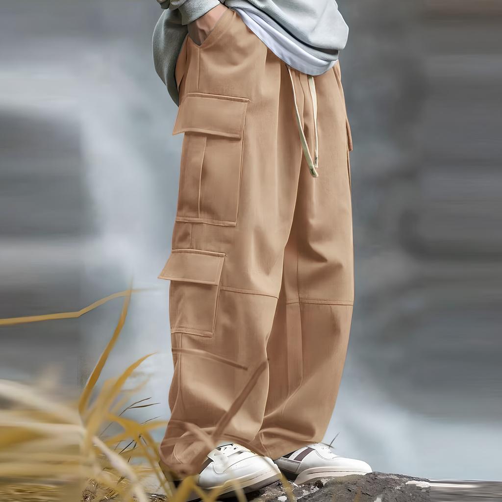 Men's Loose Casual Multi-pocket Work Pants, Youth Stretch Waist Drawstring  Pants