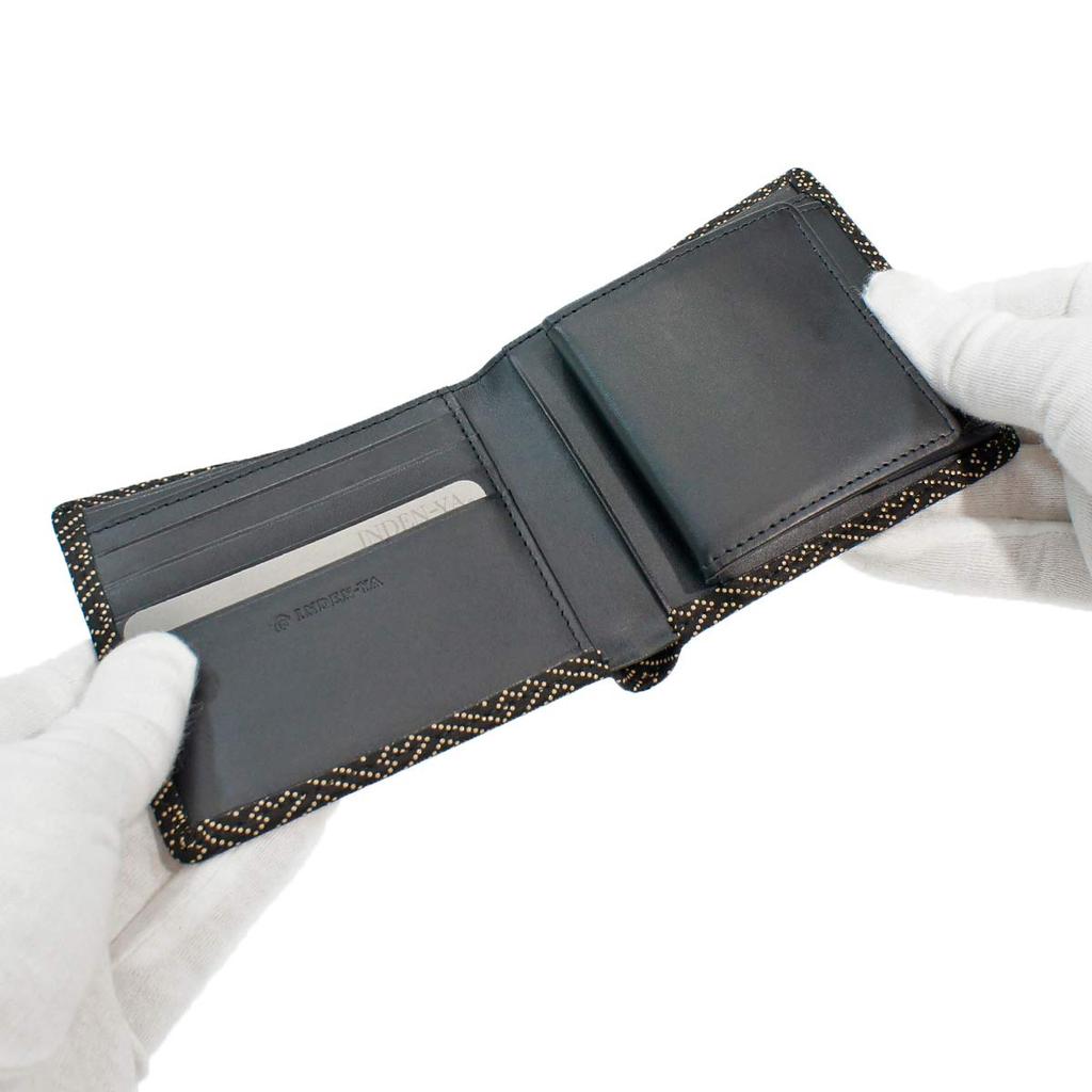 [Inden-ya] Inden Bifold Wallet with Small Bill Compartment and Box-Shaped Coin Purse, Deerskin Leather, Black with White Lacquer, Saaya Pattern,
