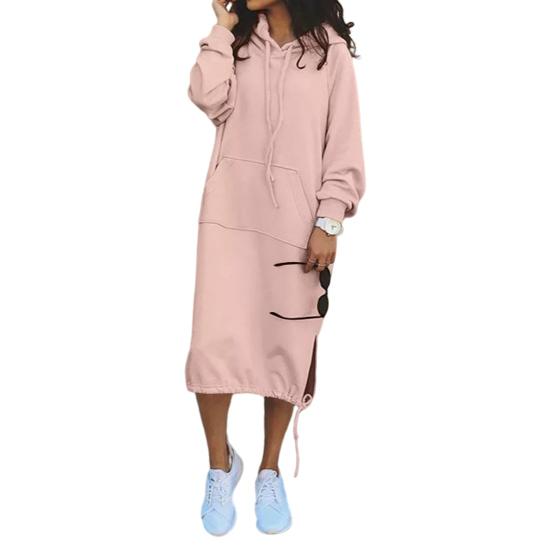 Платье Yousheng Women Fall Spring Dress с регулируемым подолом, завязками на шнурке, капюшоном, разрезом, накладным карманом, свободное однотонное платье миди с длинными рукавами, плотное платье