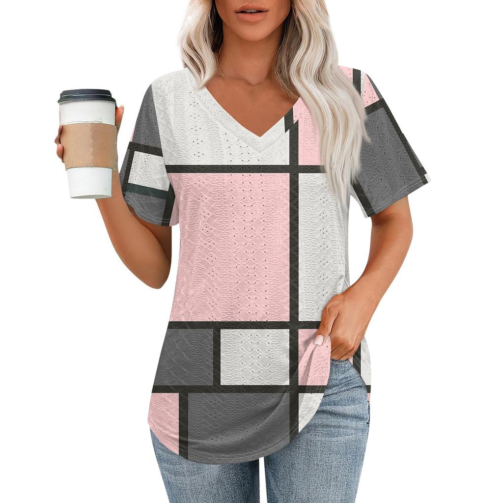 Womens T Shirts V Neck Short Sleeve Casual Tops Loose Fit Basic Tees With Curved Hem