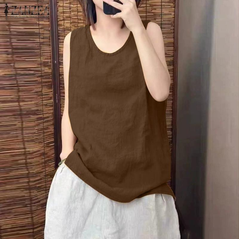 ZANZEA Женские повседневные однотонные топы без рукавов с круглым вырезом