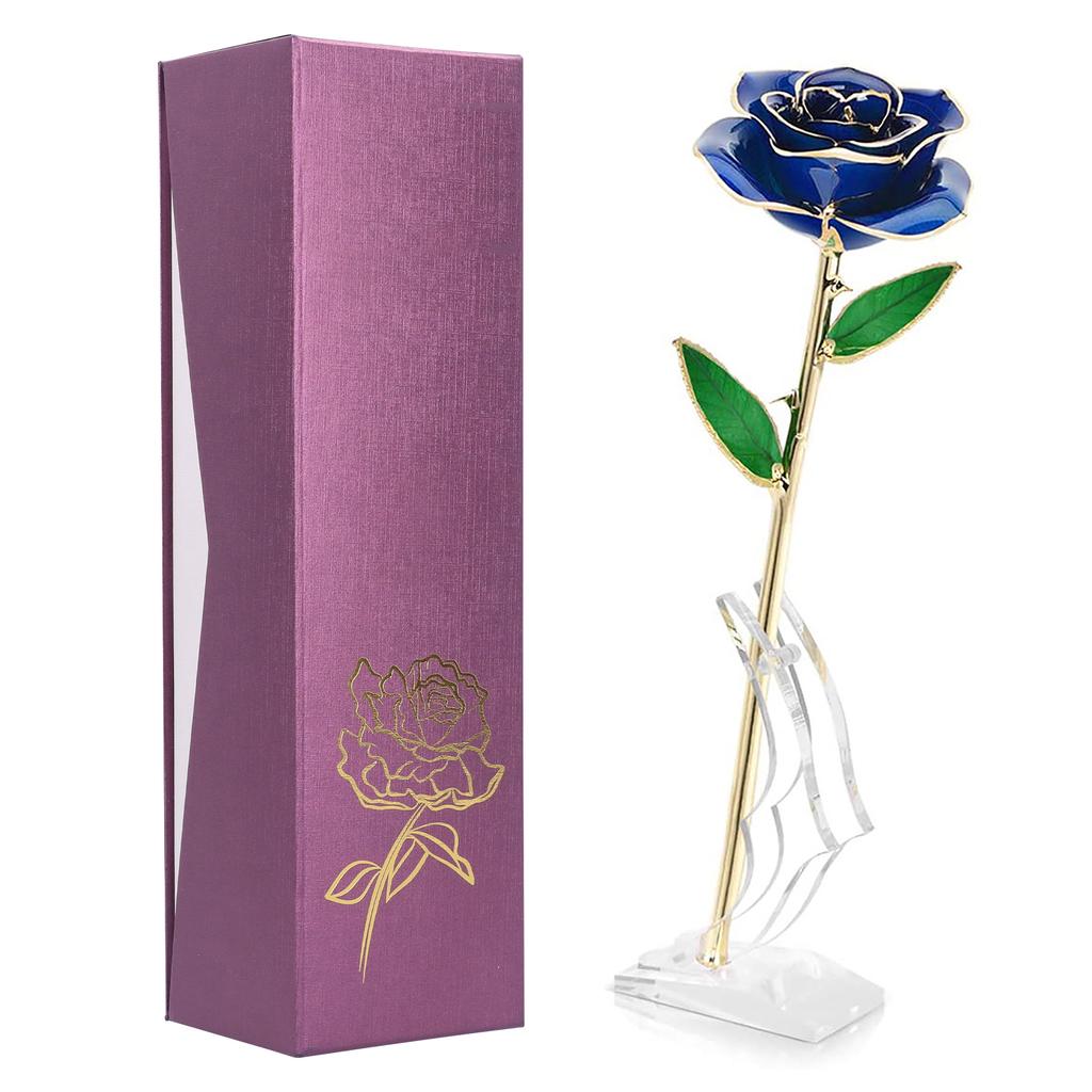 Real Dipped Blue Rose with Bracket Flower Decoration 24K Gold Plated Green Leaf Gift for Birthday