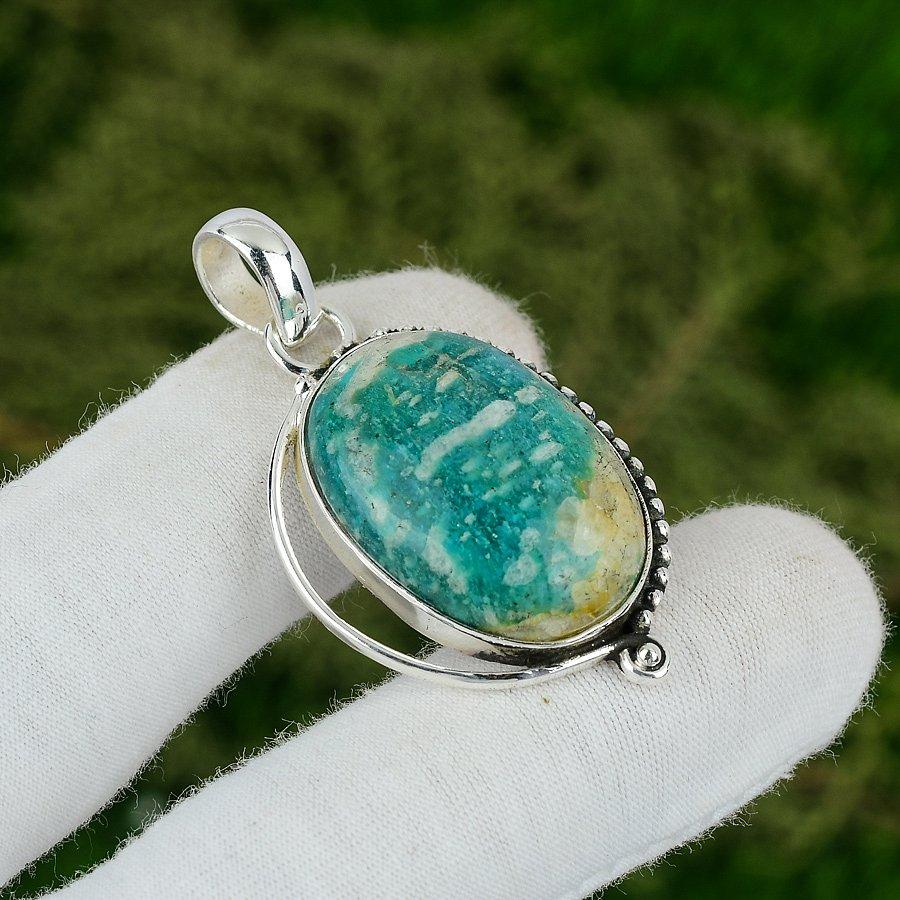 Natural Amazonite Gemstone Indian Jewelry 925 Sterling Silver Pendant For Women