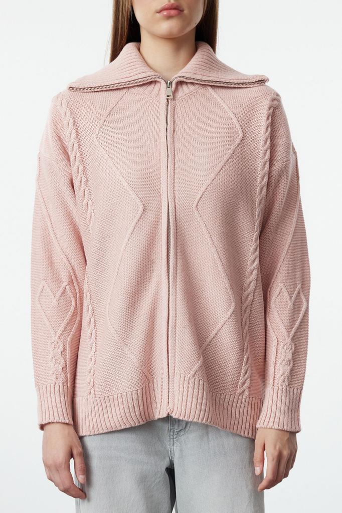 Женский элегантный кардиган розовый мягкий текстурированный трикотаж на молнии с капюшоном кардиган