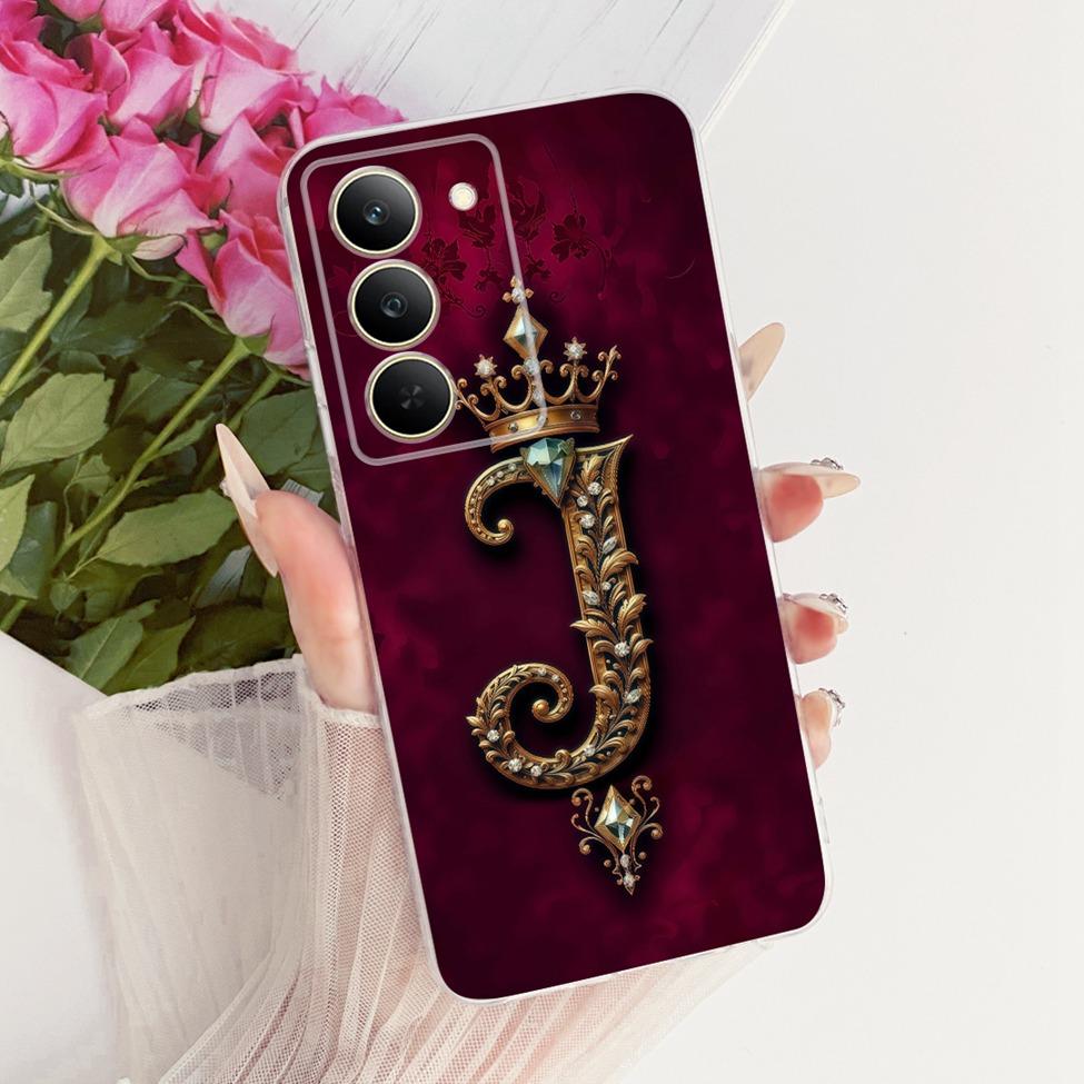Чехол для Realme 14x 5G Индия Чехол RMX3940 Прозрачный Роскошная Корона Буквы А-Я 2D Плоский Узор Мягкий Чехол для Телефона
