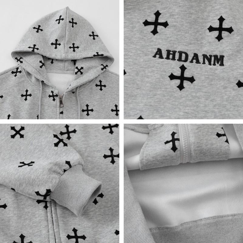 Unisex Oversized Hoodie With Cross Letter Embroidery Print Cotton Long Sleeve Zip-Up Sweatshirt