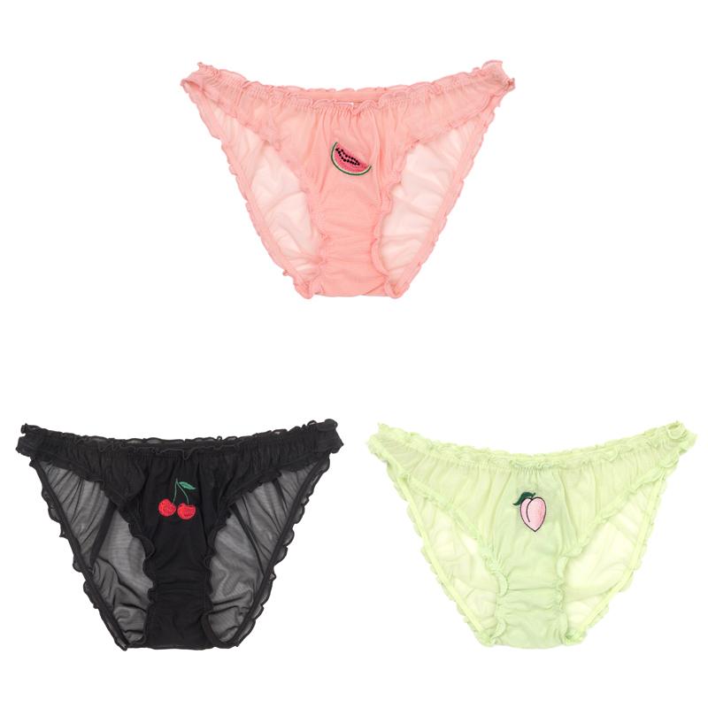 3PCS/Set Women Sexy Lace Lingerie Temptation Low-waist Panties Fruit Ins Embroidery Transparent Briefs Seamless Sweet Underwear