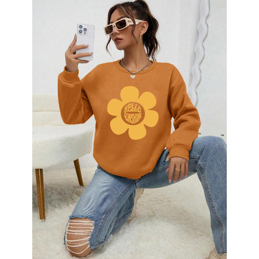 Hello Sunshine Big Yellow Flower Printed Hoodie Women Autumn Casual Pullovers Fleece Simple Sweatshirt Crewneck Female Tops