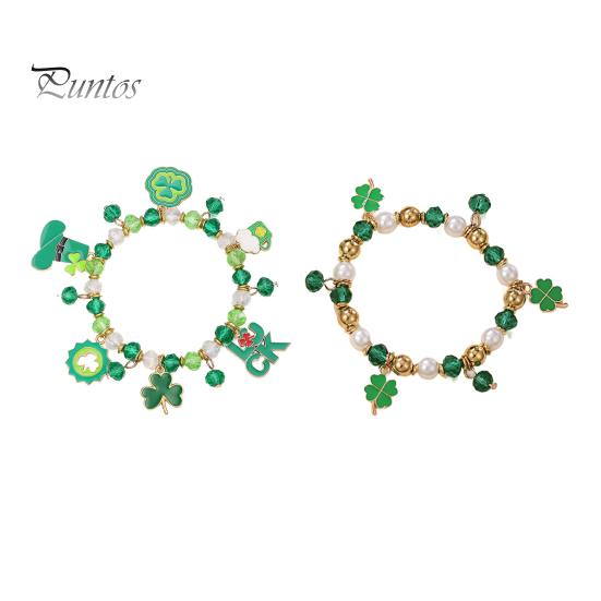 Браслет из клевера. День Святого Патрика Ирландские бисерные украшения со стеклянными бусинами и подвесками Браслет-талисман на удачу для праздничных торжеств Эластичный клевер