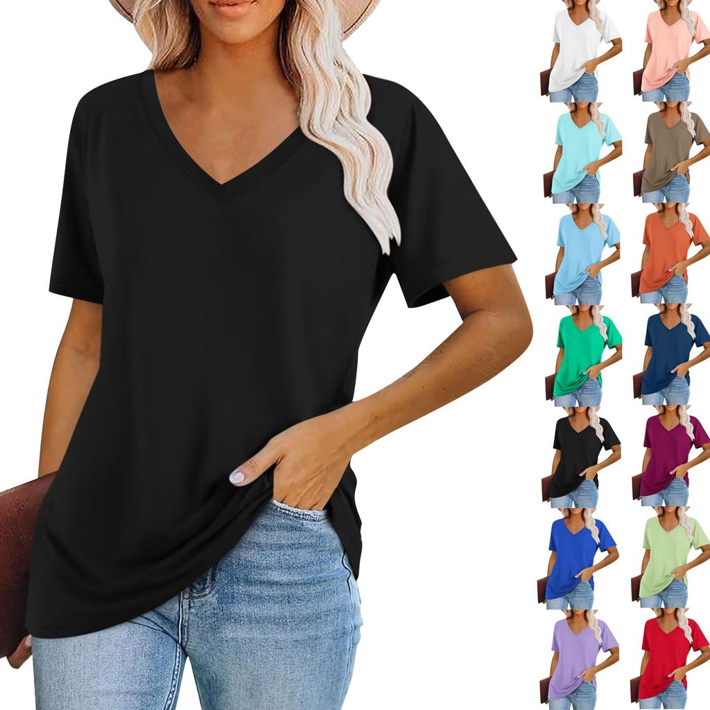 Women's Fashion V-Neck Classic Loose Solid Color Casual Short Sleeve T-Shirt