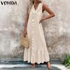 Women Summer Ruffled V Neck Sleeveless Holiday Pleated Maxi Dresses Sundress