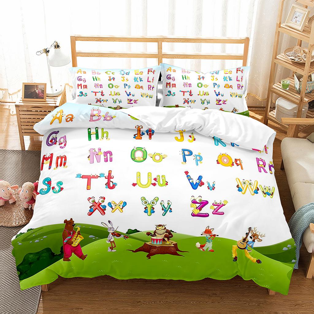 Alphabet Duvet Cover Set Colourful Letter Pattern Polyester Comforter Cover King Queen Full Size for Kids Boys Girls Bedding Set