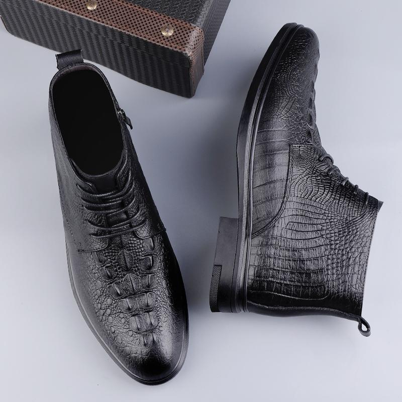 FashionGenuine Leather Men Motorcycle Boots High Top Casual Ankle Boots Warm Plush Fur Winter Footwear Crocodile Pattern Business Shoes