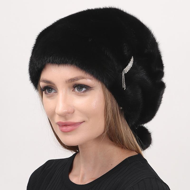 Women's Winter White Snow Hat Luxury Natural Mink Fur Christmas Hat, Warm Soft Fluffy Trapper Cap for Outdoor Cold Weather
