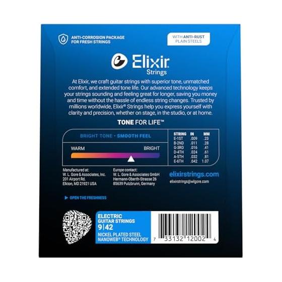 Струны для электрогитары Elixir NANOWEB Super Light .009-.042#12002 [Оригинальный продукт, произведенный в стране]