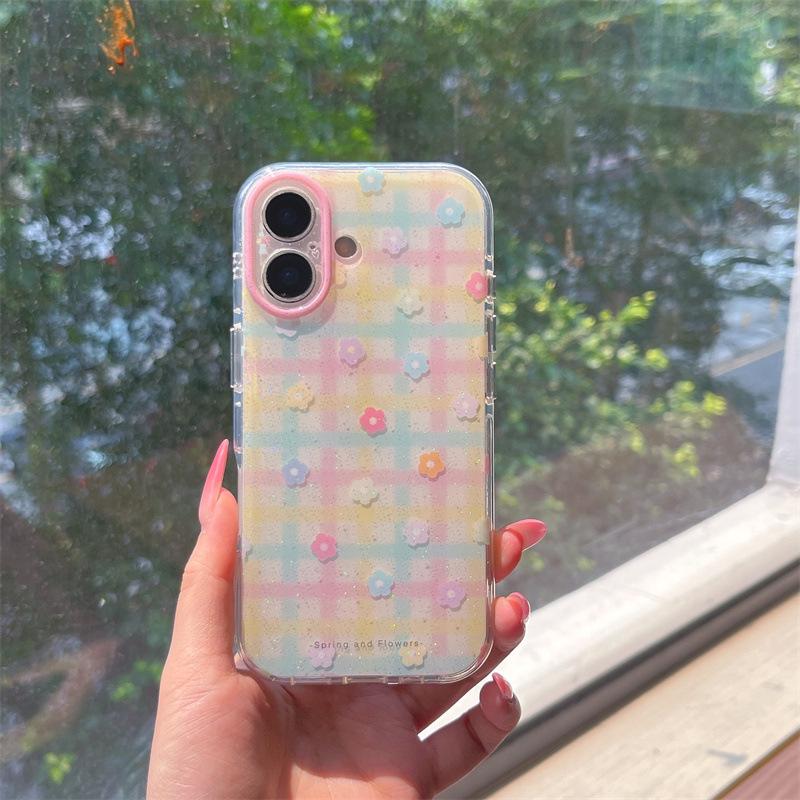 Клетчатый чехол для телефона с 3D-цветами для iPhone 17, 16 Pro Max/15 Pro - Девичий стиль