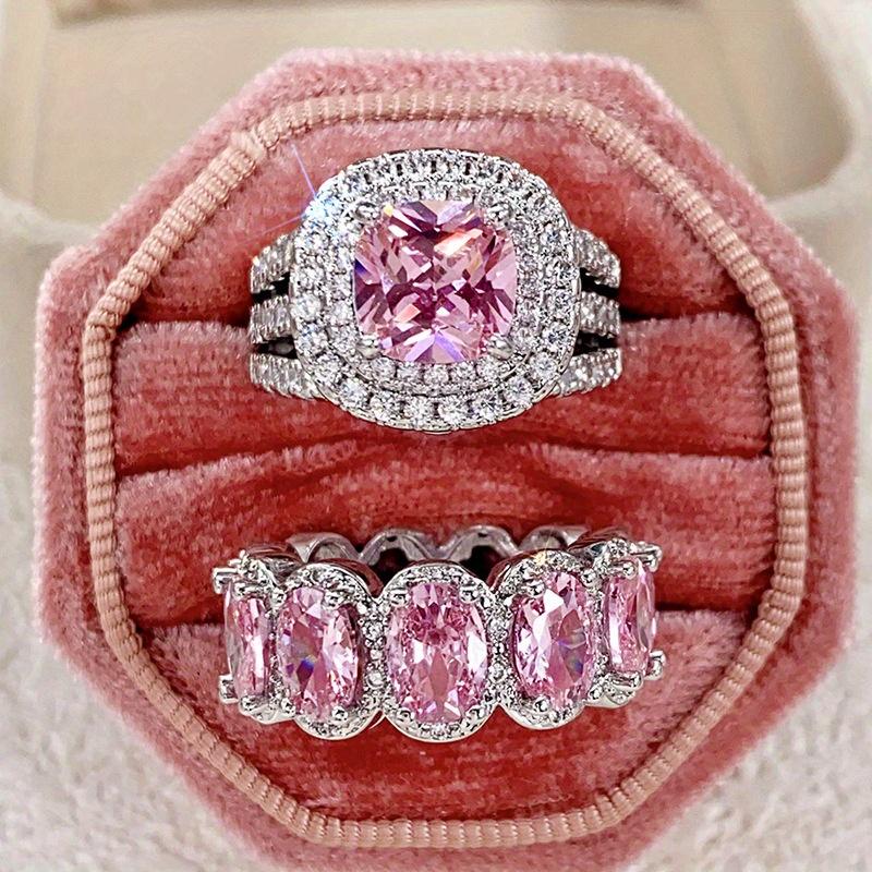 Роскошный комплект из 2 колец с розовыми камнями серебристого цвета, обручальное кольцо, украшения на День святого Валентина