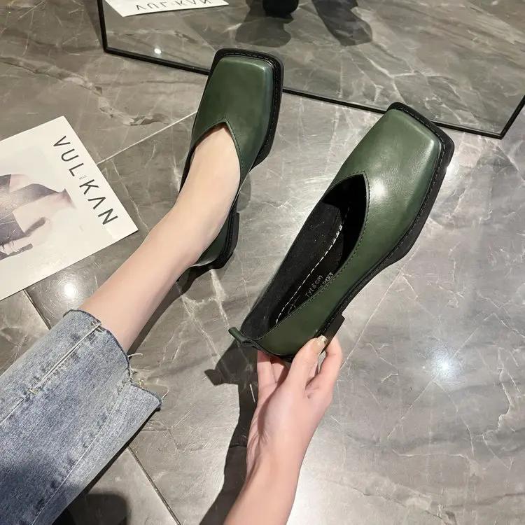 Fashion 2025Flat Shoes Women Square Toe Single Shoes Simple Temperament Leather Shoes Spring Round Toe Heels