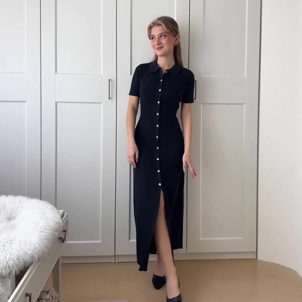 Летнее трикотажное платье с коротким рукавом и отложным воротником, приталенного силуэта, для европейских и американских женщин, 2025