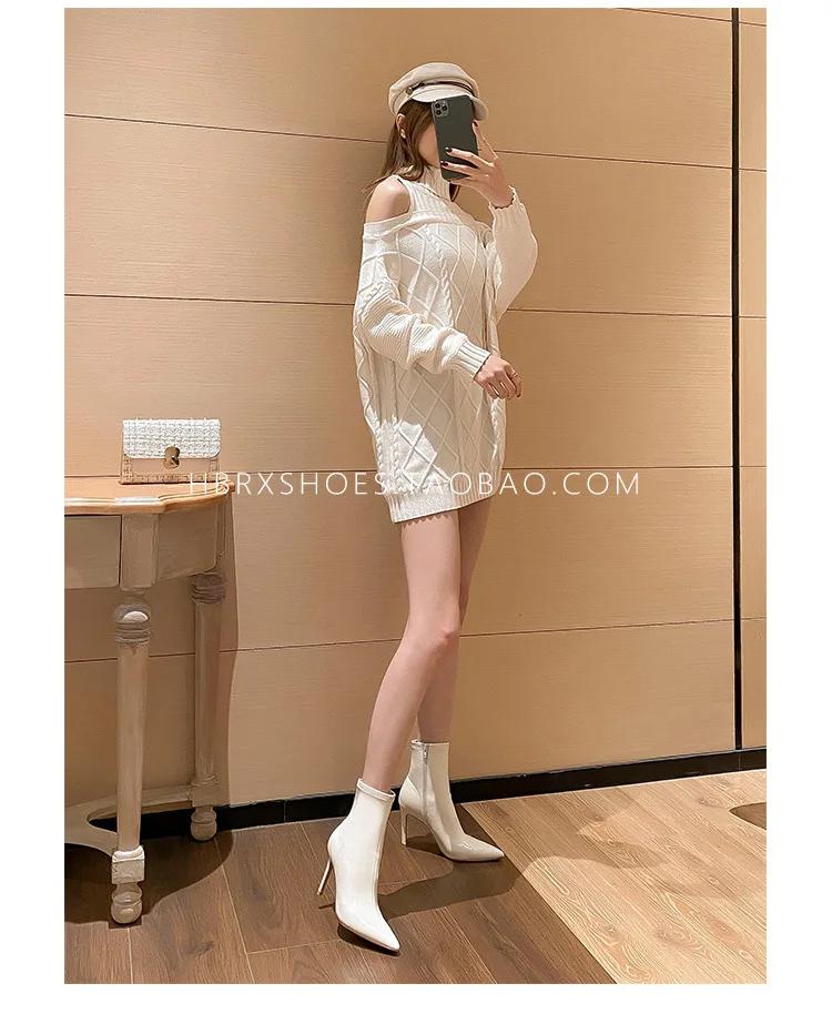 2024 New Spring and Autumn Fashion Women's High Heels Solid Color Pointed Toe Stiletto Heel Side Zipper White Short Boots White