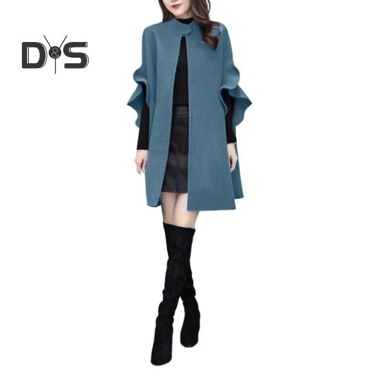 Женское зимнее пальто с рукавами-лепестками, воротником-стойкой, накидкой-трапецией, кардиганом средней длины с открытыми стежкам, шерстяным пальто для улицы, пончо