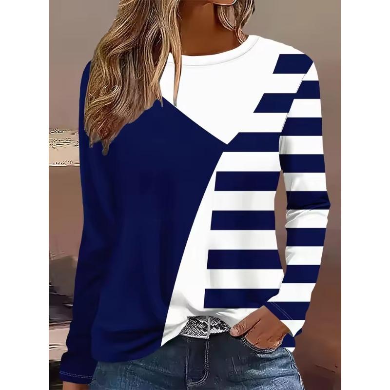 Retro 3D Print Color Block Crew Neck Long Sleeve T-Shirt Womens Clothing Casual Clothes Harajuku Female Clothing Pullover