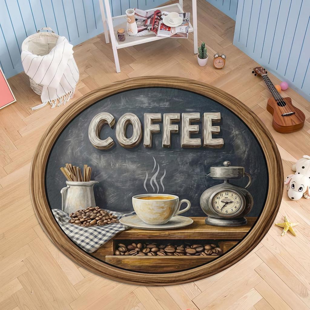 Vintage Coffee Time Round Kitchen Mat with Cup and Alarm Clock Illustration for Living Room, Bedroom