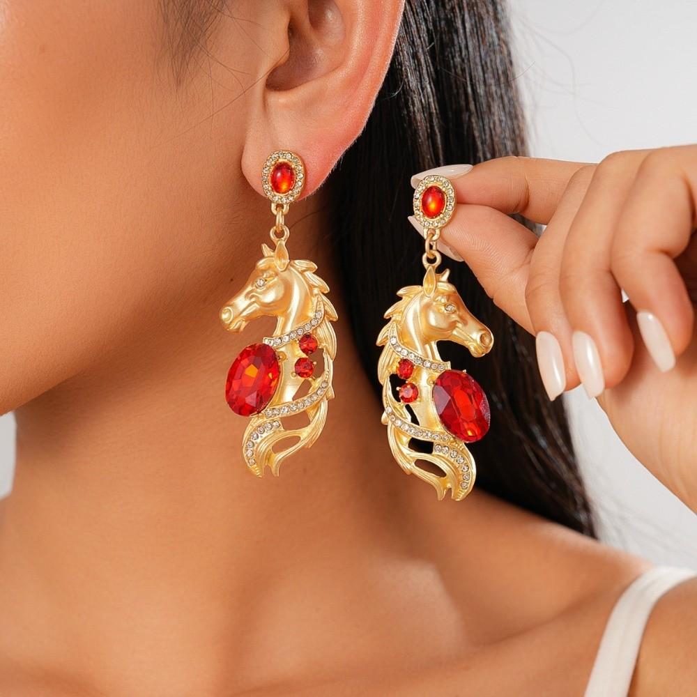 Rhinestone Crystal New Year Horse Earrings Cartoon Horse Mascot Drop Earrings  Party