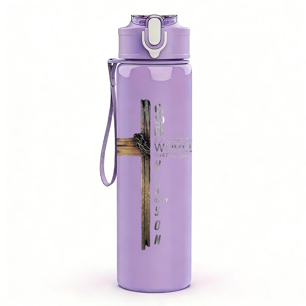 1PC Simple cross wooden line print 750ml colorful plastic sports water bottle leakproof pop up lid with straw for outdoor work home use