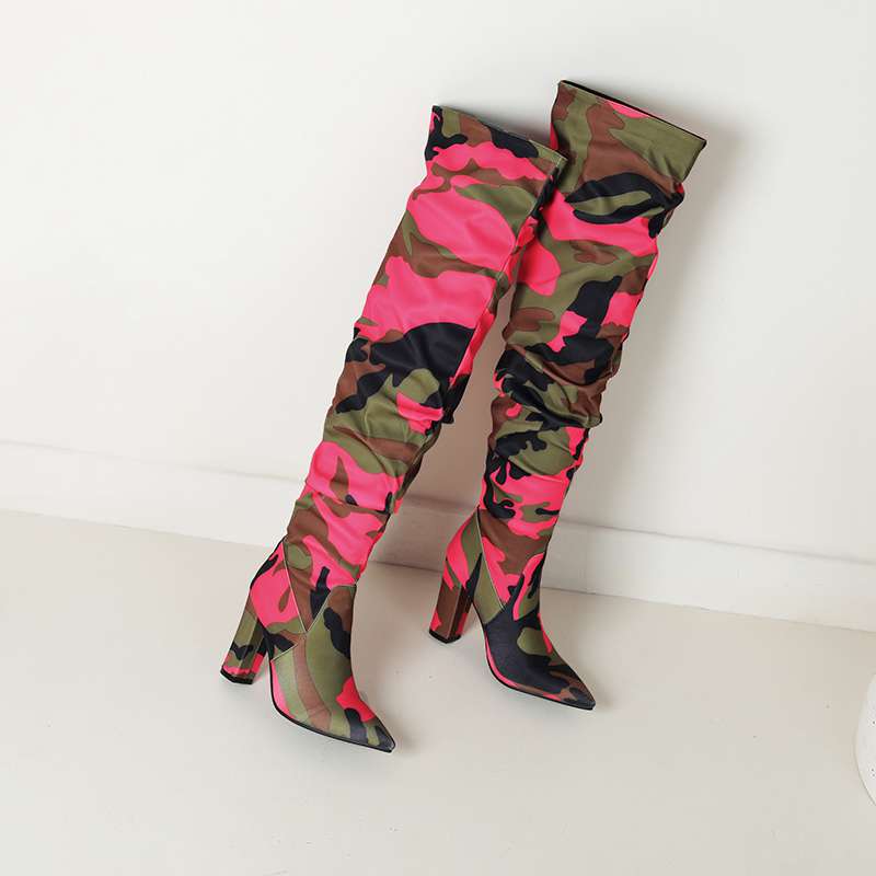 lenkisen Ткань с камуфляжным узором, осенне-зимняя обувь, супертонкие высокие каблуки, плиссированные ботинки, европейские теплые сапоги выше колена