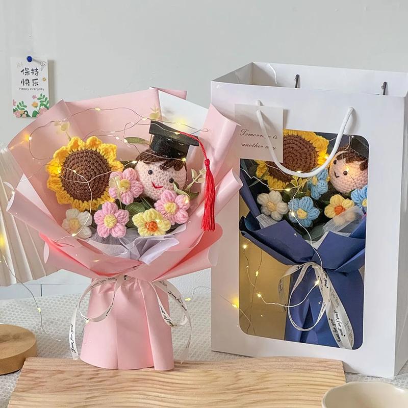 Crochet Bouquet Graduation Flower Gift Hand-woven Sunflower Bouquets Graduation Finished Crochet Flower Birthday Gift
