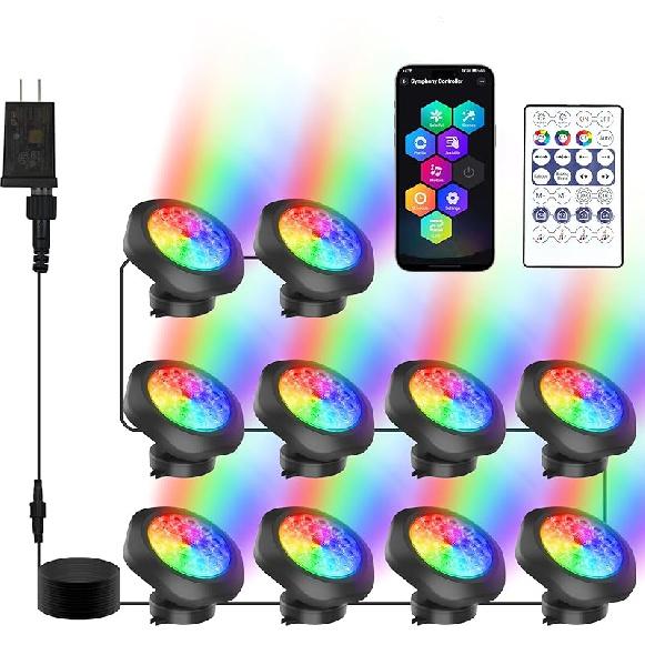 RGBW Pond Lights with Timer, 18 LED Super Bright Underwater Submersible Fountain Lights Color Changing Spotlights, Remote Control IP68 Waterproof for