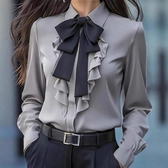 Yousheng Осенняя женская рубашка с лацканами, бантом и оборками, с длинным рукавом, топы, застежка на пуговицы, универсальная посадка, рубашка для повседневной носки