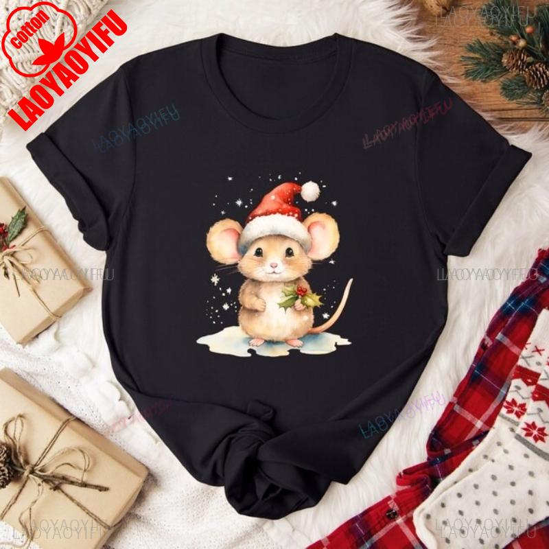 Christmas Cartoons Mouse Santa Hat Allmatch Tshirt Holiday Unisex High Quality Crewneck Casual Style Printed Tshirt Tops