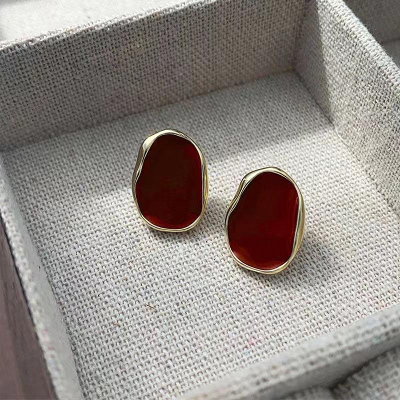 Big Winered Color Irregular Geometry Bean Stud Earrings for Women Ear Jewelry Accessory Girl Gift