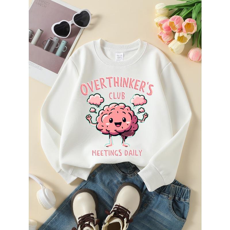 Kids Crewneck Long Sleeve Pullover Sweatshirt, Cute Brain Character With Thought Bubble Graphic Print