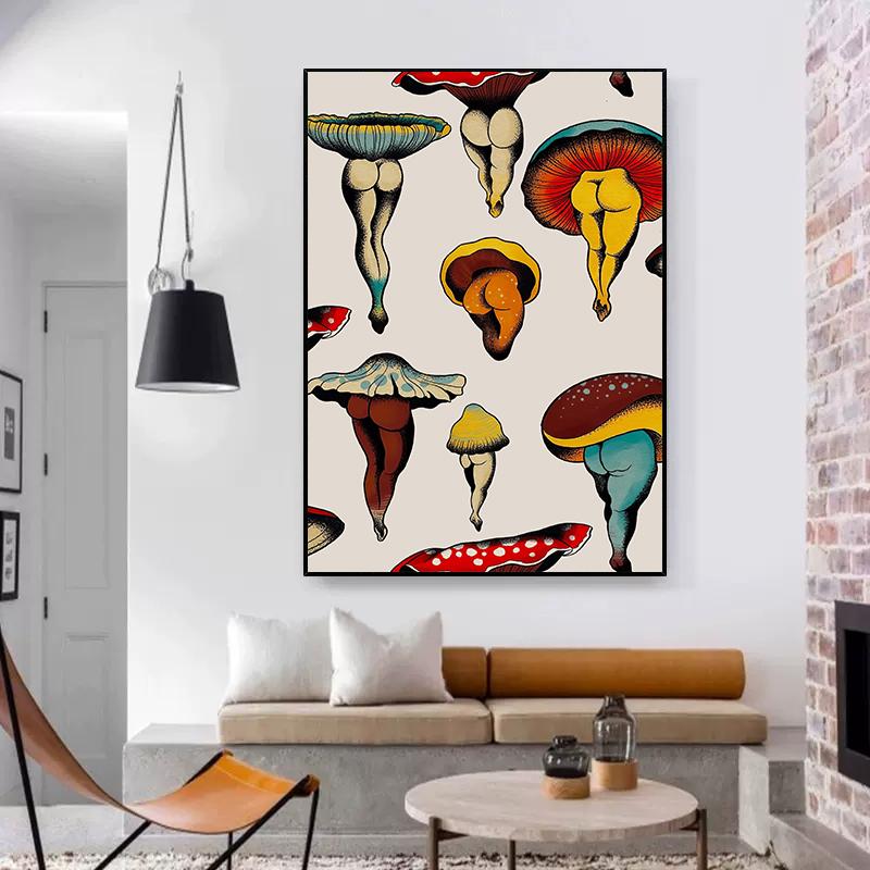 Забавный эстетичный плакат с изображением грибов, ретро холст, картина, винтажная настенная картина для современной спальни, украшение дома, без рамки