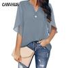 Summer Women's T-shirt Short Sleeve Elegant Casual Solid Color V-neck Chiffon Shirt Women's Tops