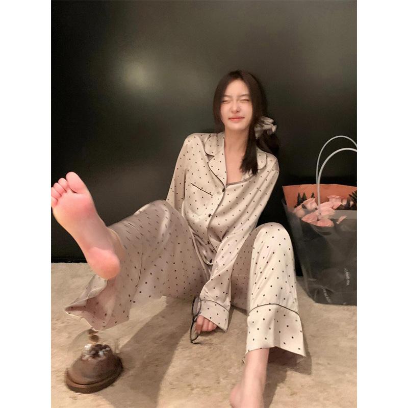 [Champagne Polka Dot] Korean INS polka dot ice silk pajamas for women, spring/autumn style, new high-end satin loungewear