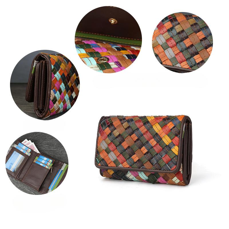 Кошелек из натуральной кожи с радужным плетением, вместительная сумка, многослотовый складной кошелек с пряжкой