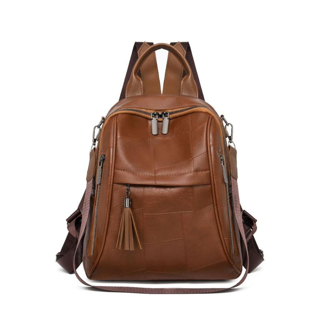 Fashionable PU Backpack, One-shoulder Crossbody Backpack, Large Capacity Splicing Style, Go Out for Commuting Tassel Women's Backpack