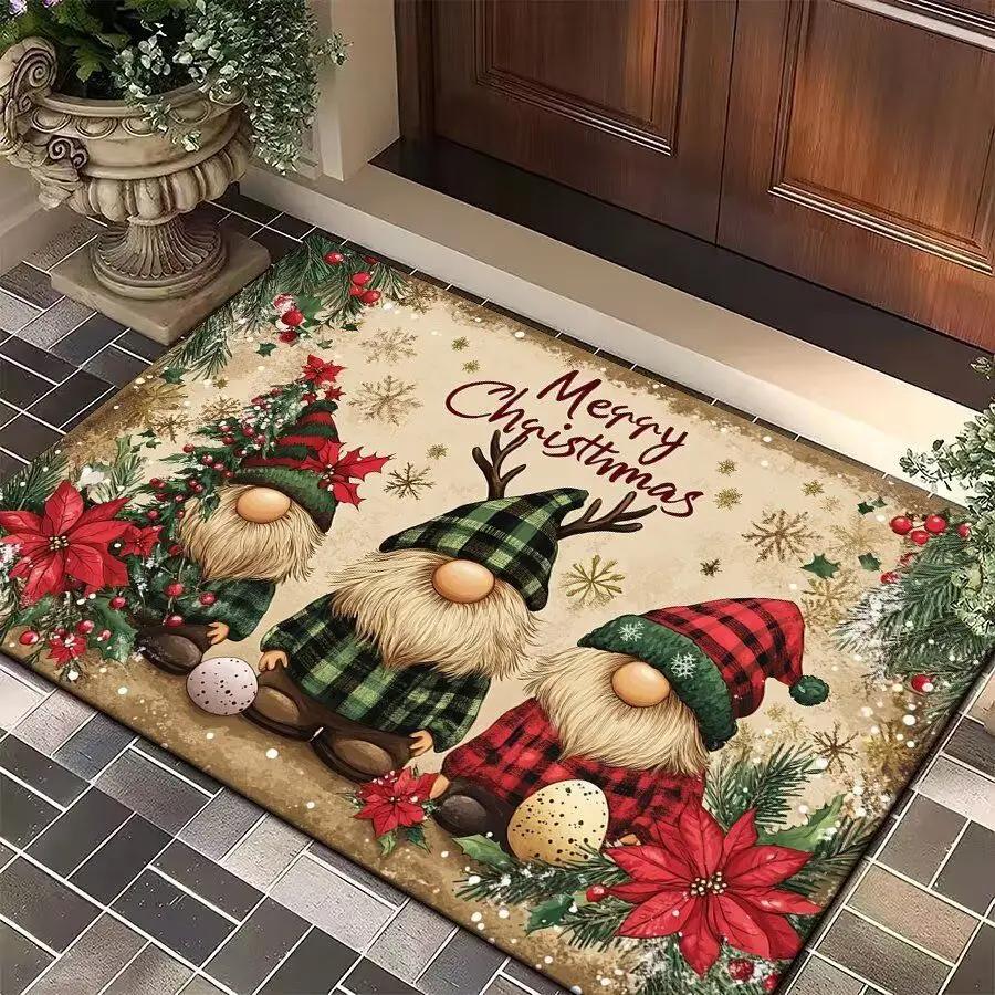 2pcs Merry Christmas Door Mat Printed Decoration Flannel Carpet Mat Door Mat Absorbent Foot Mat Small Foot Mat Machine Washable Decor