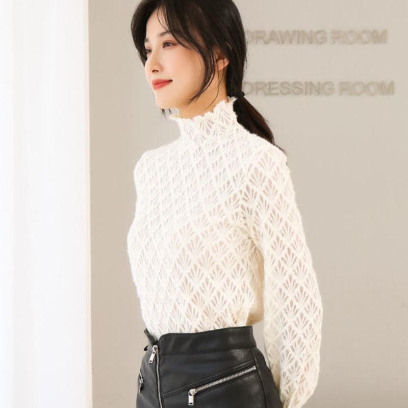 Qooth Женская рубашка с кружевной подкладкой и половиной высокого воротника, элегантная винтажная рубашка с сетчатым низом и длинным рукавом QT1993